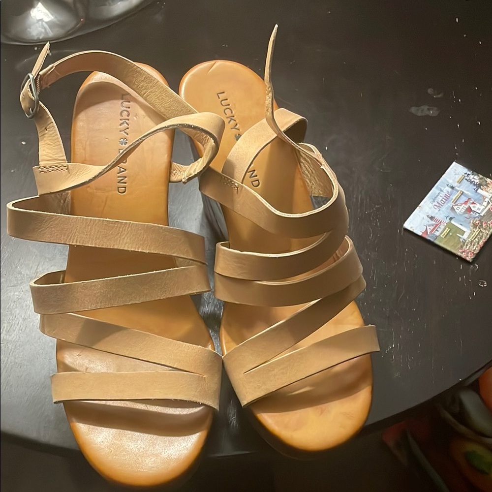 LUCKY BRAND Larinaa TAN LEATHER Woodgrain Platform Wedge STRAPPY SANDALS sz8.5M